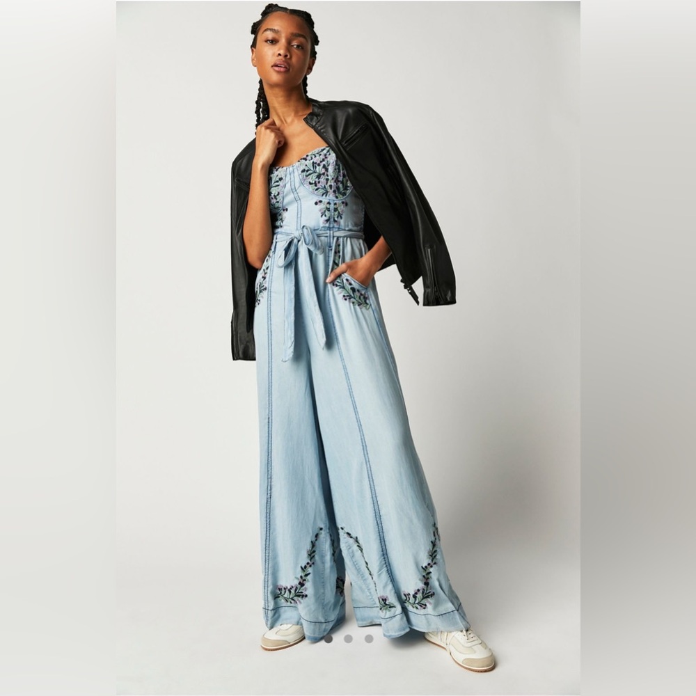 Free People Light Blue Embroidered Wide-Leg Jumpsuit